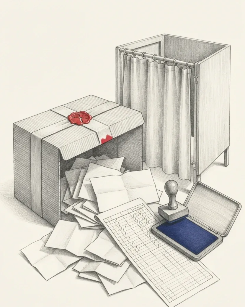 A group of election objects drawn in graphite on warm white paper. A corrugated ballot box stands with its lid lifted and a paper band still gummed across the seam, the broken wax disc on the band the only red in the picture. Folded ballot papers spill out of it in a loose heap. A long tally sheet ruled into narrow columns lies part filled across them, a wooden-handled rubber stamp stands on it beside its open ink pad, and the felt of the pad is the one blue. A hinged plywood voting screen with a cloth curtain stands behind.