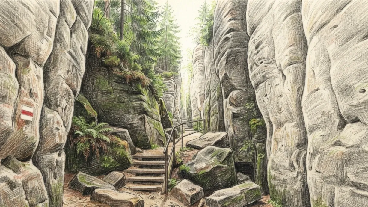 The way into a sandstone rock town, drawn in coloured pencil over graphite and looked along rather than across. A narrow passage runs away from the viewer between pale sandstone walls that rise past the top of the frame on both sides, a red and white painted waymark on the rock at the near left. Wooden steps with an iron handrail climb where the floor rises, fallen blocks and sand lie underfoot, ferns and moss grow on the shaded rock, and at the far end the passage opens into daylight with spruce tops above.
