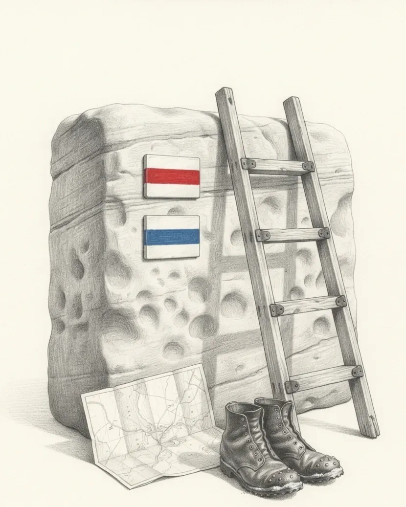 A group of objects from a sandstone rock town, drawn in graphite on warm white paper. A weathered block of sandstone fills most of the frame, seen head on, its bedding lines running across it and its face pitted into shallow rounded hollows. Two small painted waymark plates are fixed to it one above the other, the central band of the upper one the only red in the picture and the central band of the lower one the only blue. A wooden ladder with worn rungs leans against the block, a folded walking map lies creased at its foot, and a pair of hobnailed boots stands beside it.