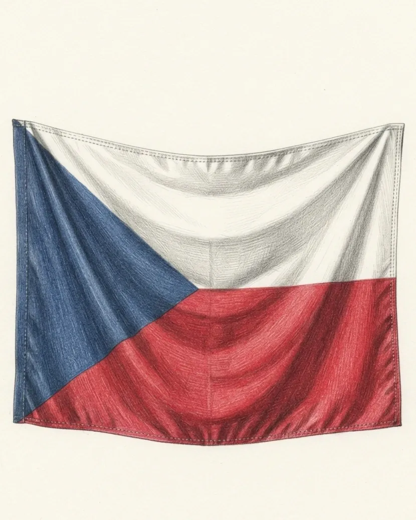 The flag of Czechia drawn as a hanging cloth in coloured pencil over graphite, pinned at its two upper corners so the fabric sags in a deep curve. The white upper band and the red lower band run the full width and the blue triangle rises from the hoist to the centre, each colour following the folds of the cloth into shadow, with the stitched hem and the seam down the middle visible.