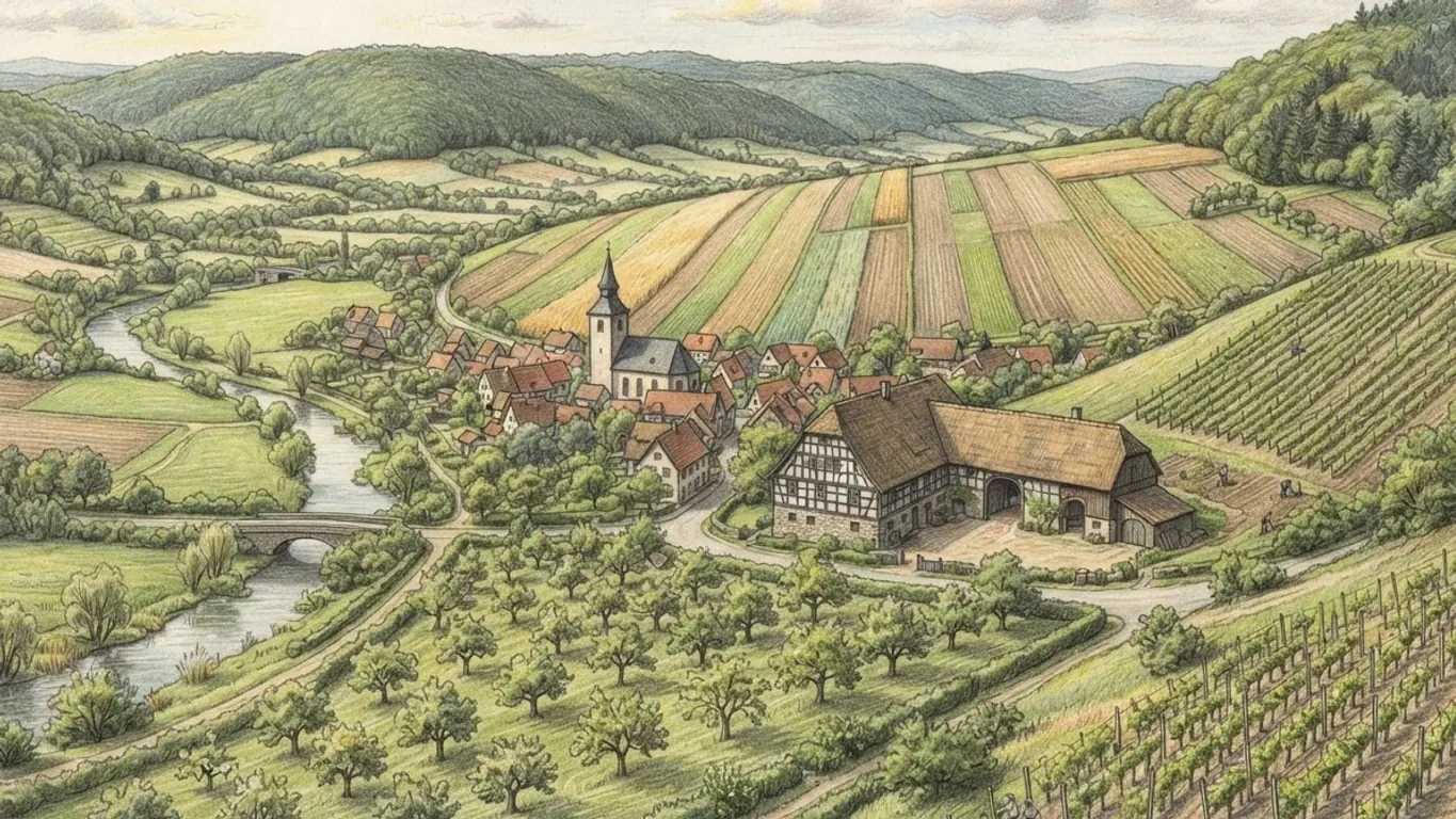 A coloured pencil drawing of a German river valley: a half-timbered farmstead and a village church among orchards, vineyards and strip fields on the slopes.