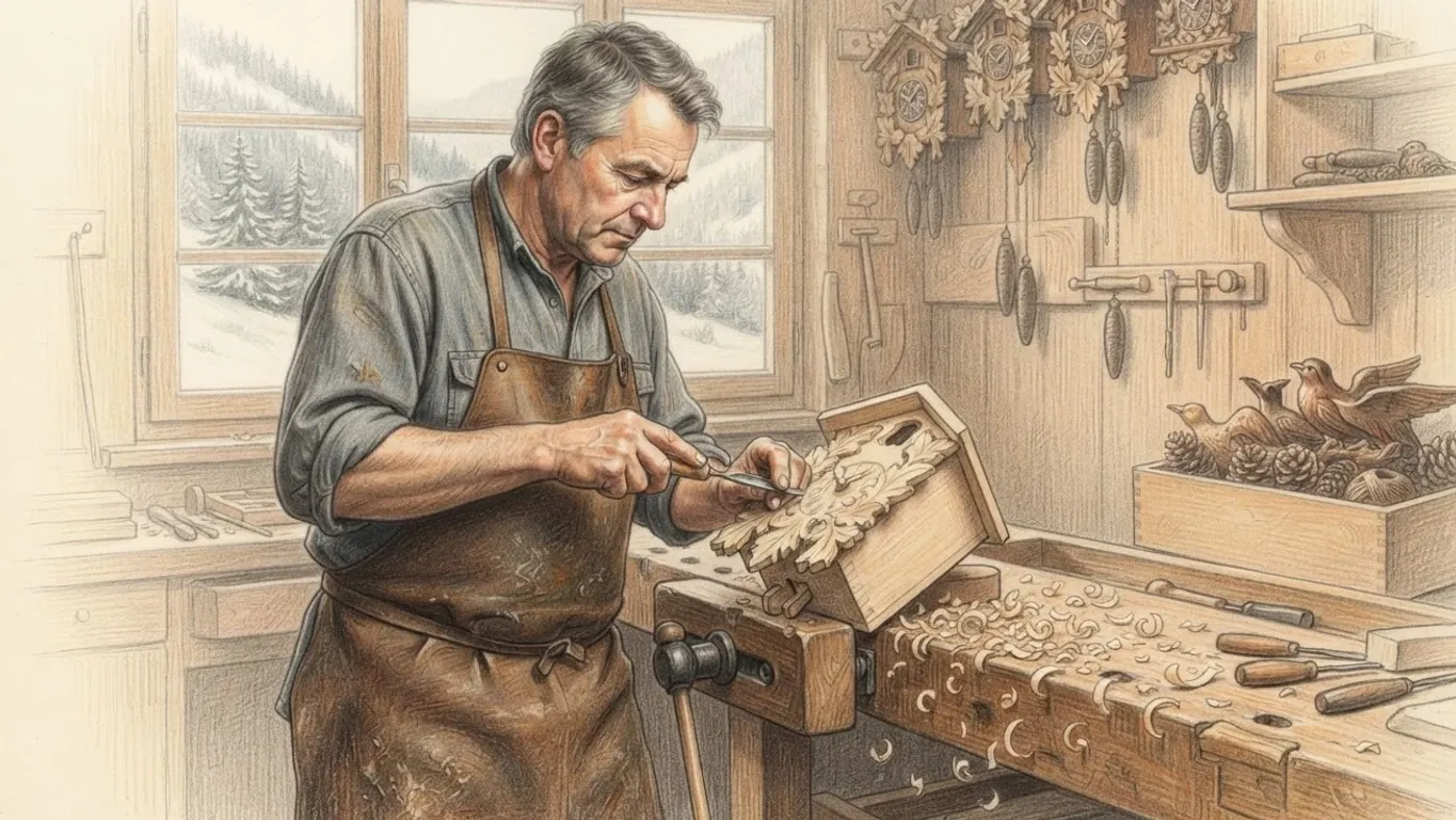 A coloured pencil drawing of a woodcarver at his bench in a snowbound workshop, carving a cuckoo clock case, finished clocks on the wall behind.