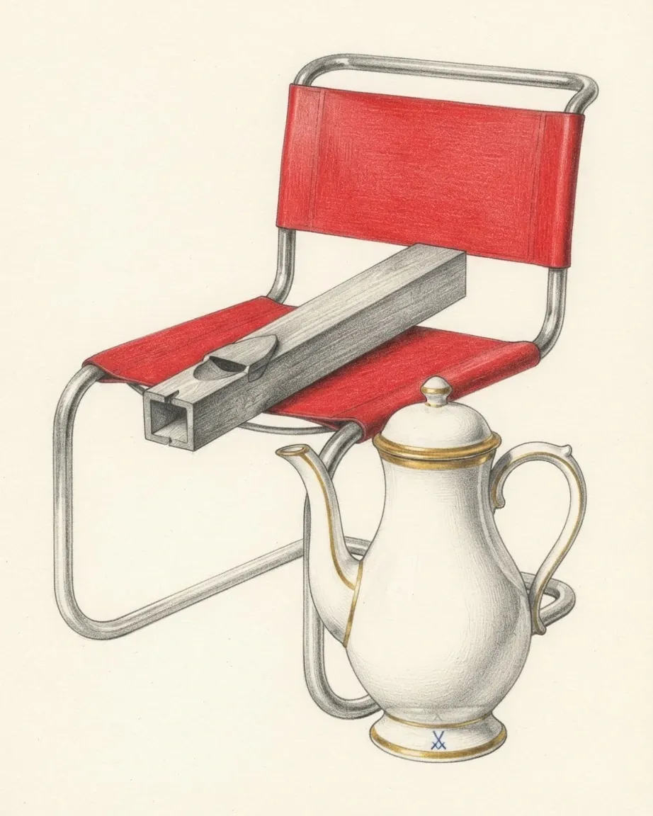 A graphite drawing of a tubular steel chair with a red seat and back, a square steel tube resting across it and a white porcelain coffee pot with gold rims.