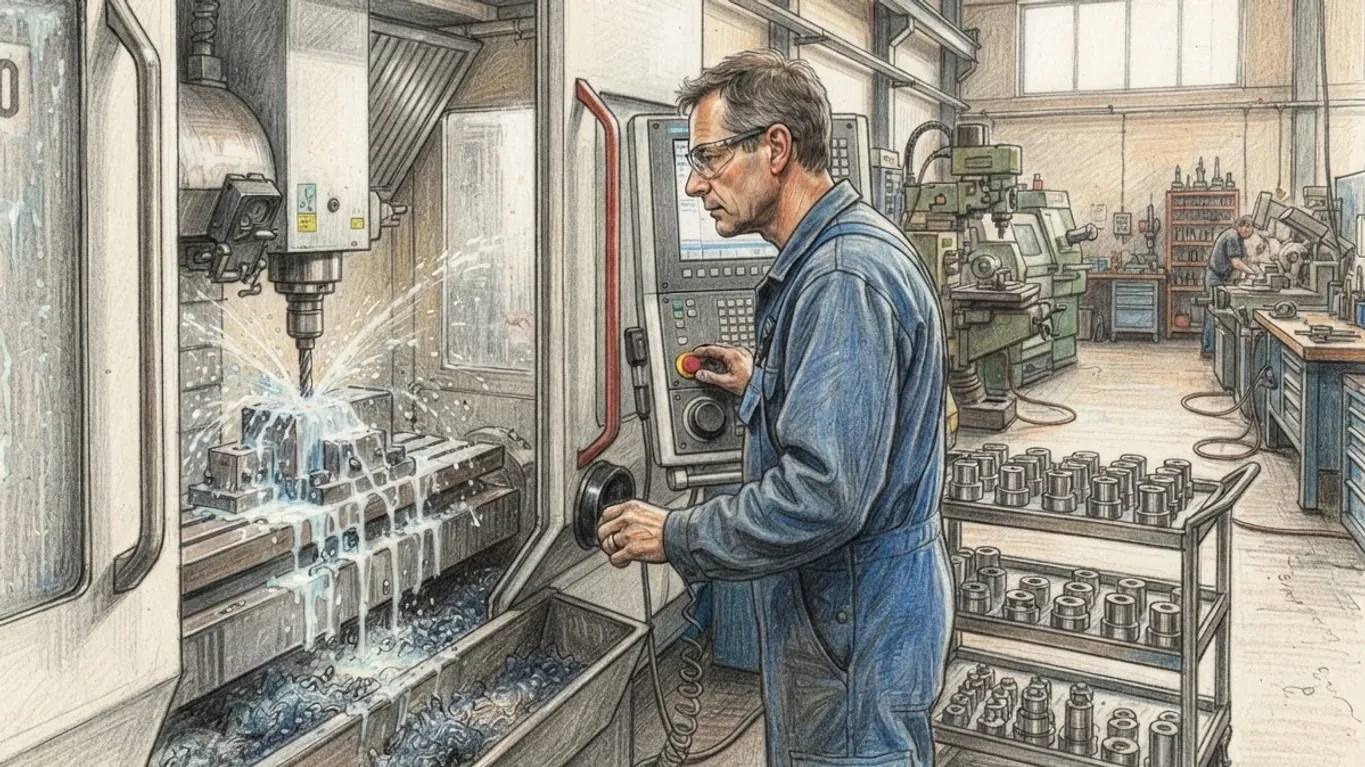 A coloured pencil drawing of a machinist at the control panel of a milling machine spraying coolant, trays of machined parts beside him.