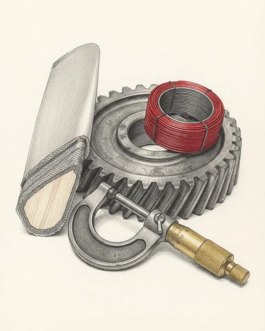 A graphite still life: a large toothed gear with a coil of red wire on its hub, a micrometer with a brass barrel and a rolled length of sheet metal.
