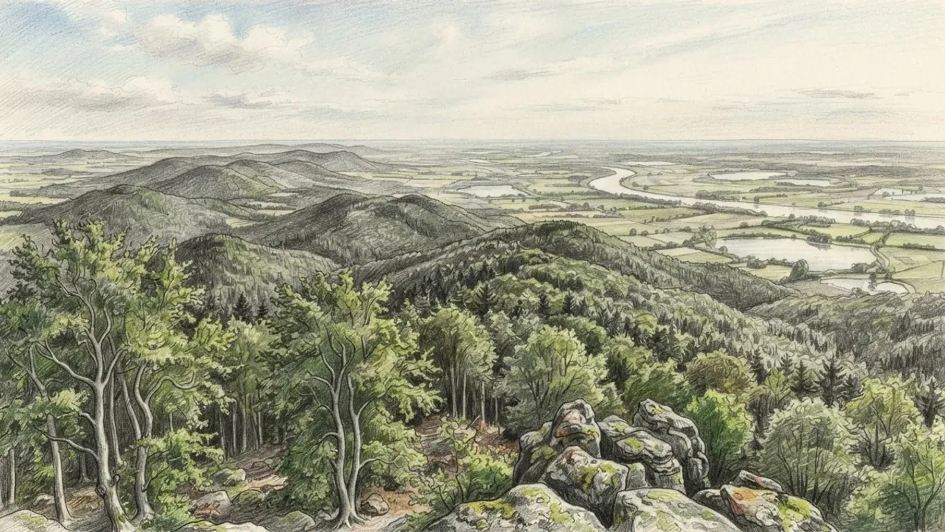 A coloured pencil drawing from a rocky wooded summit over rolling forested hills, with a river winding across the plain beyond.