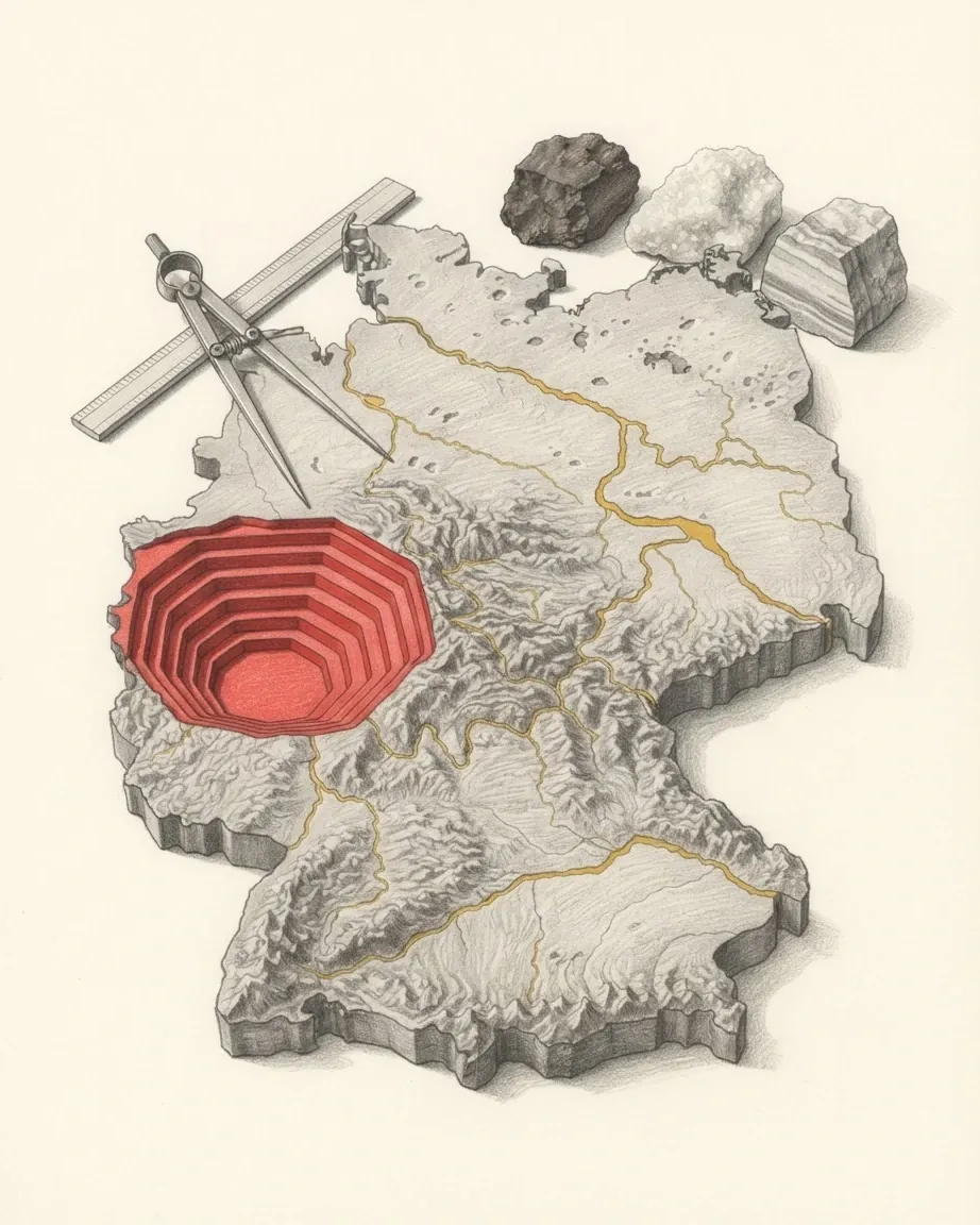 A graphite relief model of Germany with its rivers traced in gold, a red stepped open-pit mine cut into the west, a pair of compasses and three lumps of rock.
