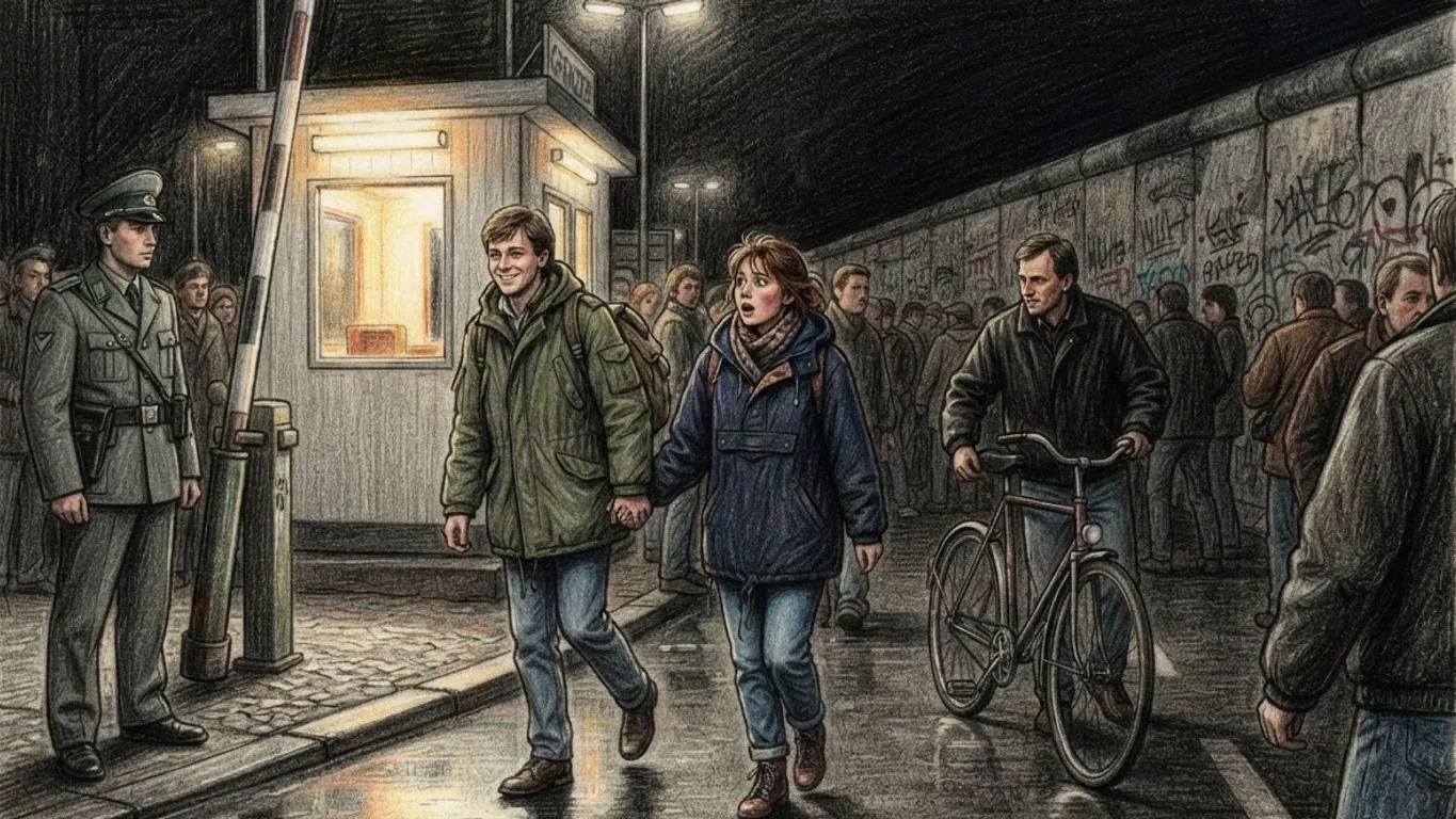 A coloured pencil drawing of a night at a Berlin border crossing: people on foot and with a bicycle walk past a guard hut and a raised barrier beside a graffiti-covered wall.