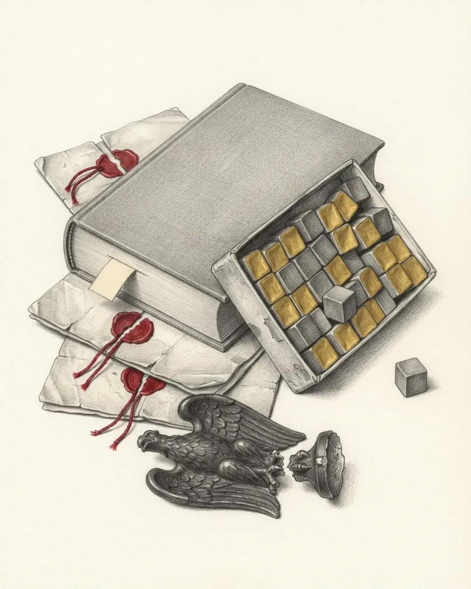 A graphite still life: a thick bound volume beside a tray of gold and grey type blocks, sealed letters with red wax and cord, and a cast-iron eagle.
