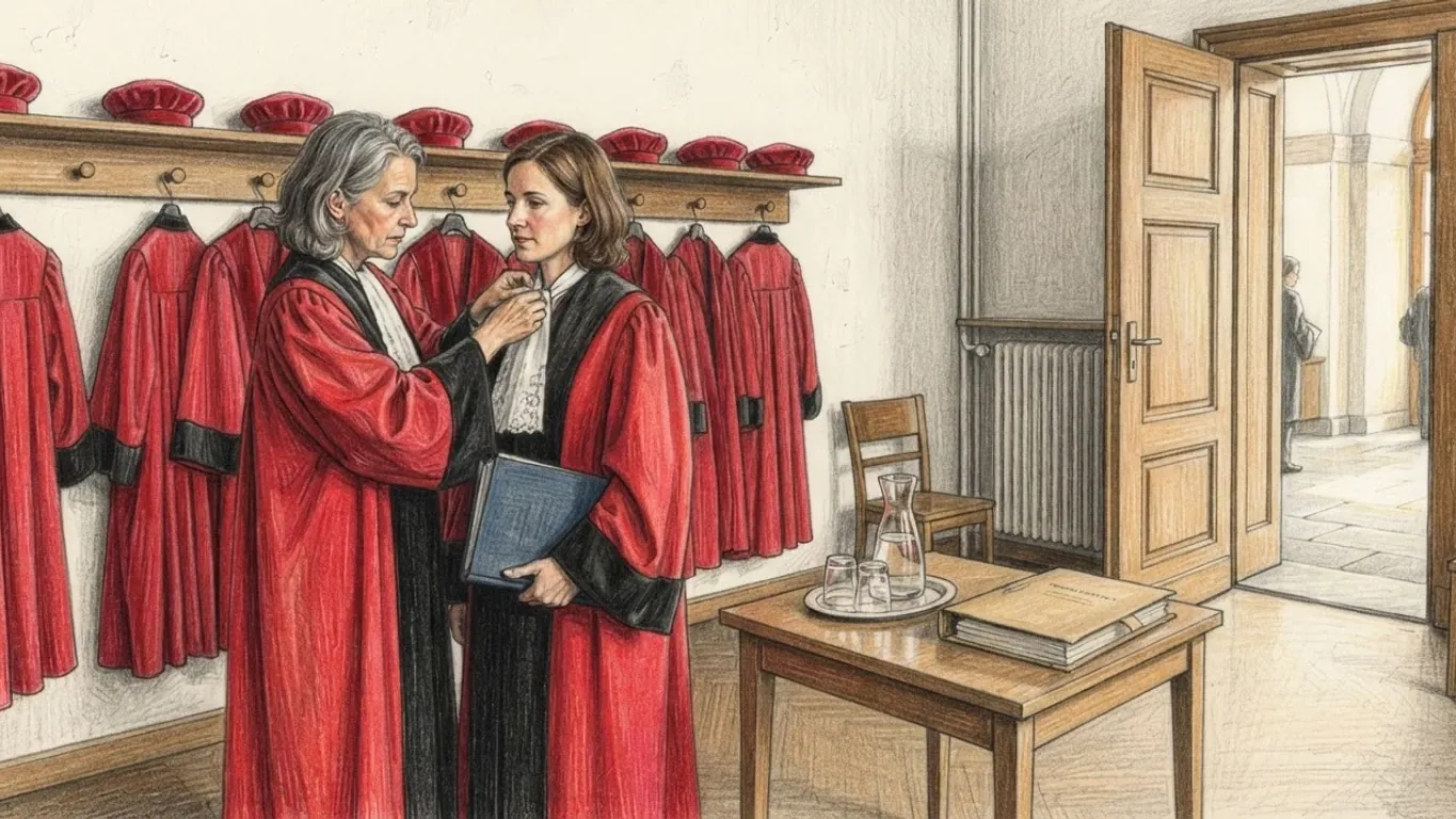 A coloured pencil drawing of two judges in red robes preparing in a robing room, more red robes and caps on the pegs behind them.