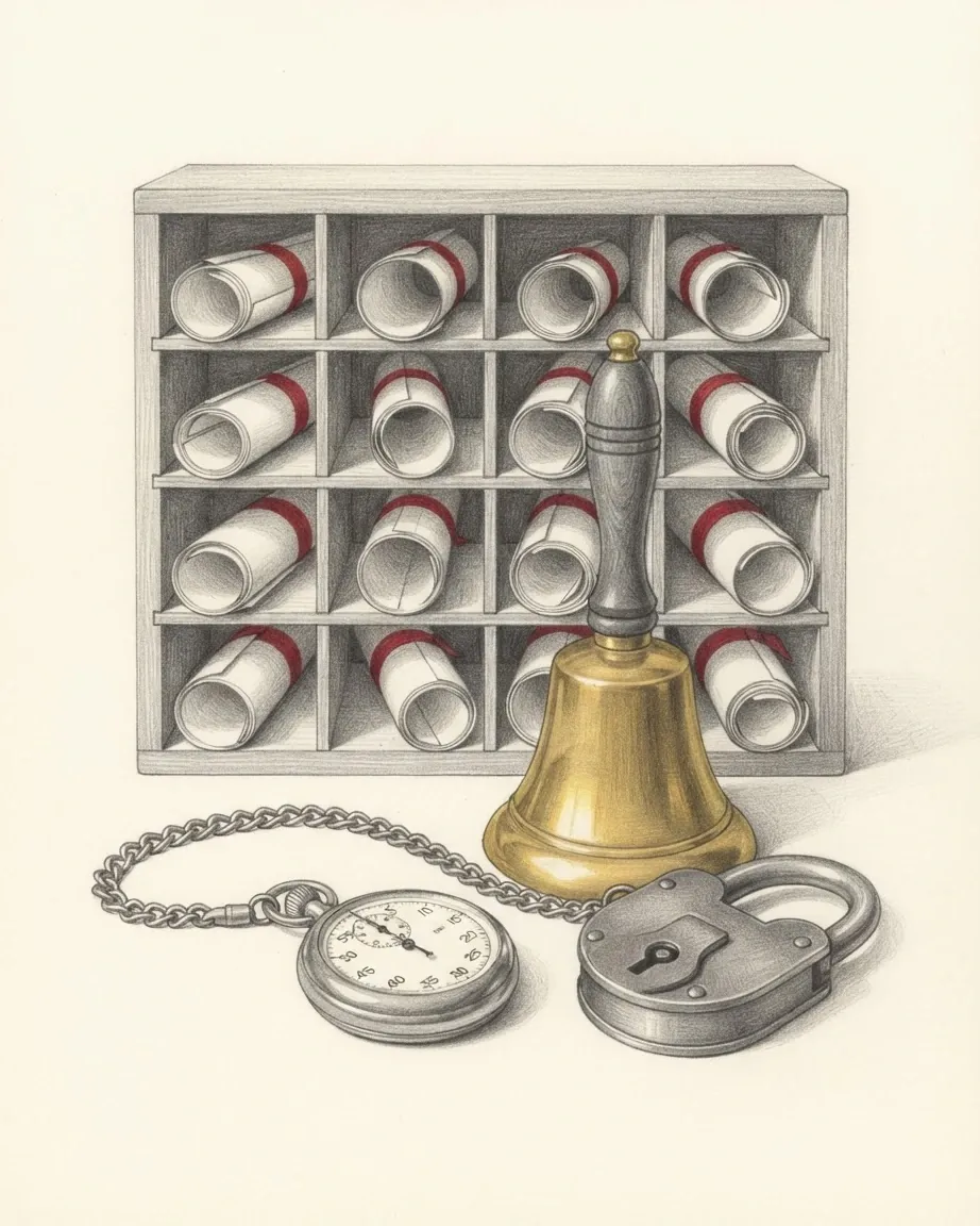 A graphite still life: a wooden pigeonhole case of rolled papers tied with red, a brass hand bell, a pocket watch on its chain and a padlock.