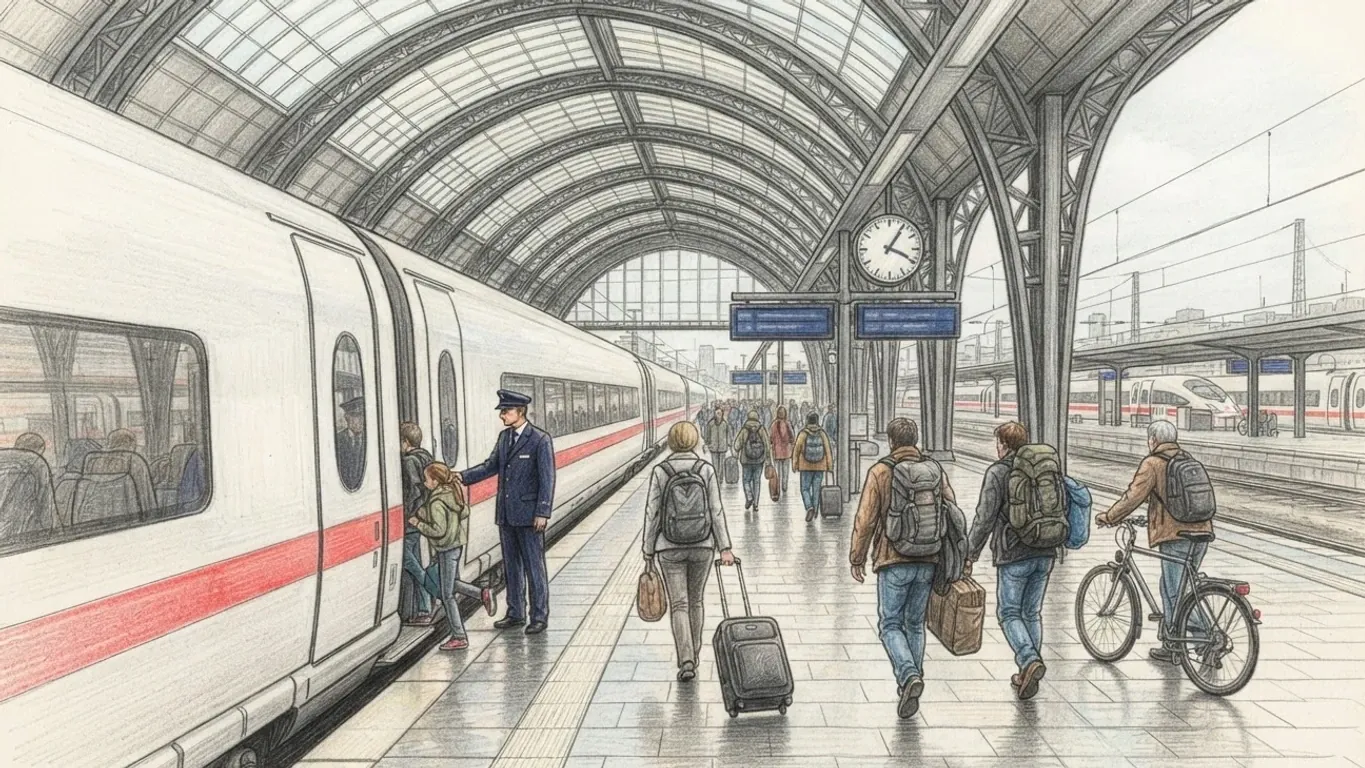 A coloured pencil drawing of a German railway station under an arched glass roof: travellers with suitcases, rucksacks and a bicycle walk along the platform beside a white high-speed train with a red stripe, a conductor at an open door.