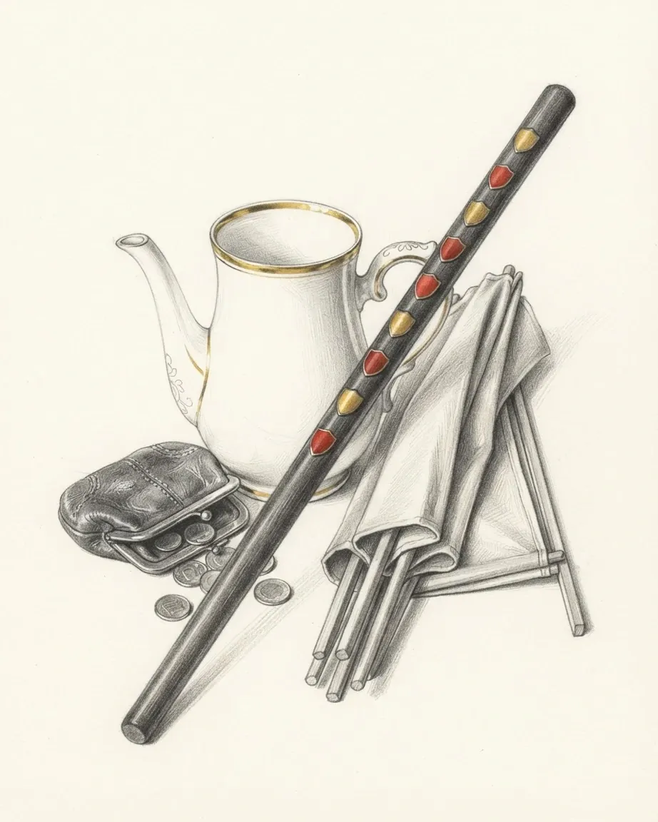 A graphite still life: a porcelain coffee jug, a black walking stick with red and gold shields, a folding camp stool and a leather purse with coins.