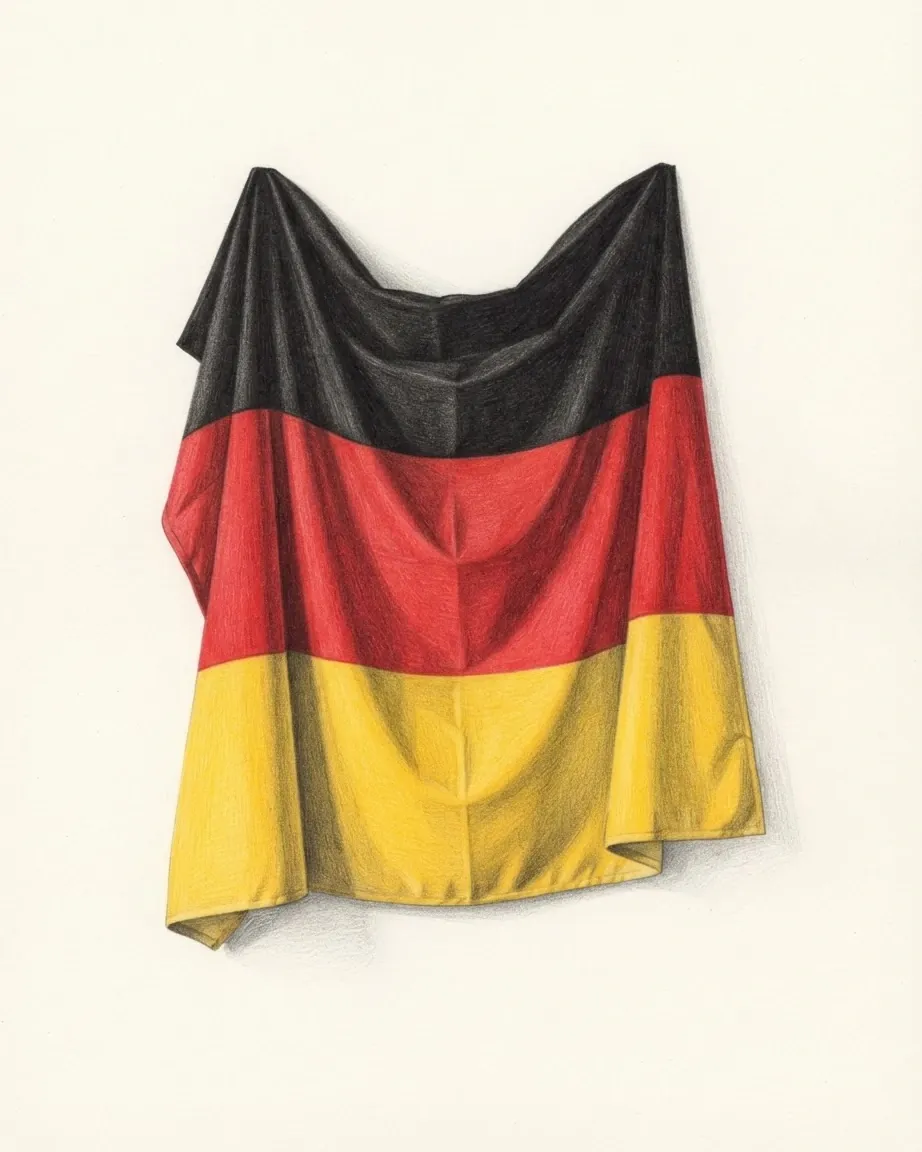 The flag of Germany drawn as a hanging cloth in graphite and coloured pencil, its black, red and gold bands falling in soft folds.