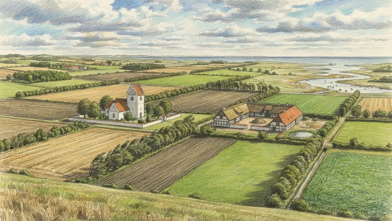 A coloured pencil drawing of Danish farmland: a whitewashed church with a stepped gable tower inside a churchyard wall, a half-timbered four-winged farm with thatched and red-tiled roofs, square fields lined with windbreaks and a fjord shore beyond.