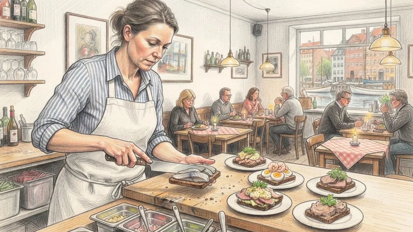 A coloured pencil drawing of a woman in a striped shirt and apron laying herring on rye bread at a counter lined with open sandwiches, diners at checked tables behind her and a harbour of coloured houses through the window.