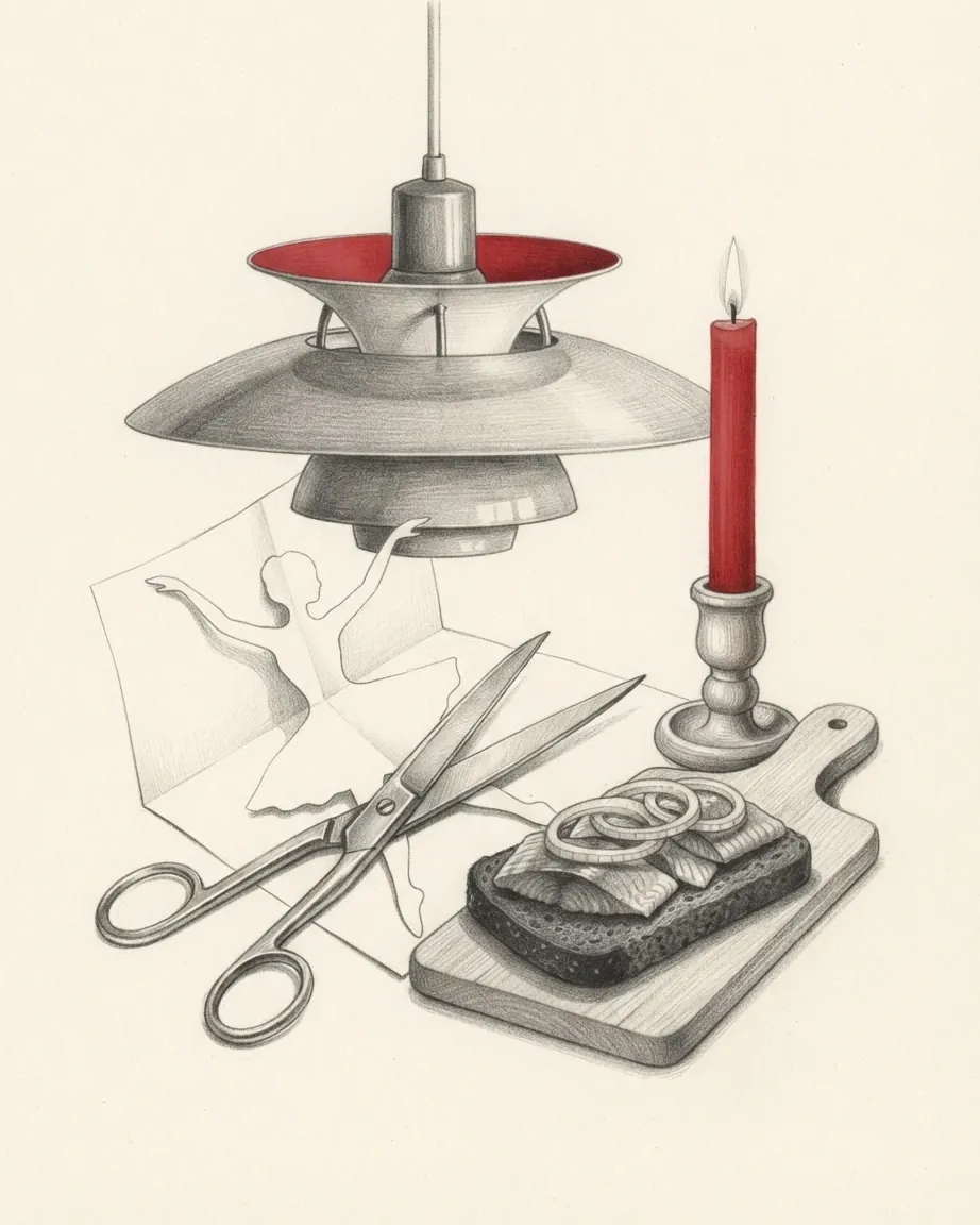 A graphite still life: a layered pendant lamp lined in red, a red candle in a pewter holder, a paper cut-out of a dancing figure with a pair of scissors across it, and an open sandwich of herring and onion rings on dark rye on a wooden board.