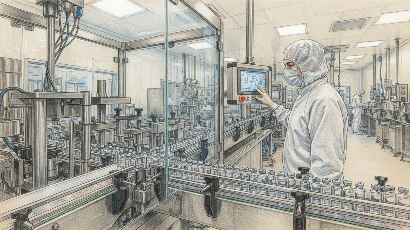 A coloured pencil drawing of a pharmaceutical filling line behind glass guards, rows of vials moving along a conveyor while a worker in a hood, mask, gown and gloves touches the control panel.