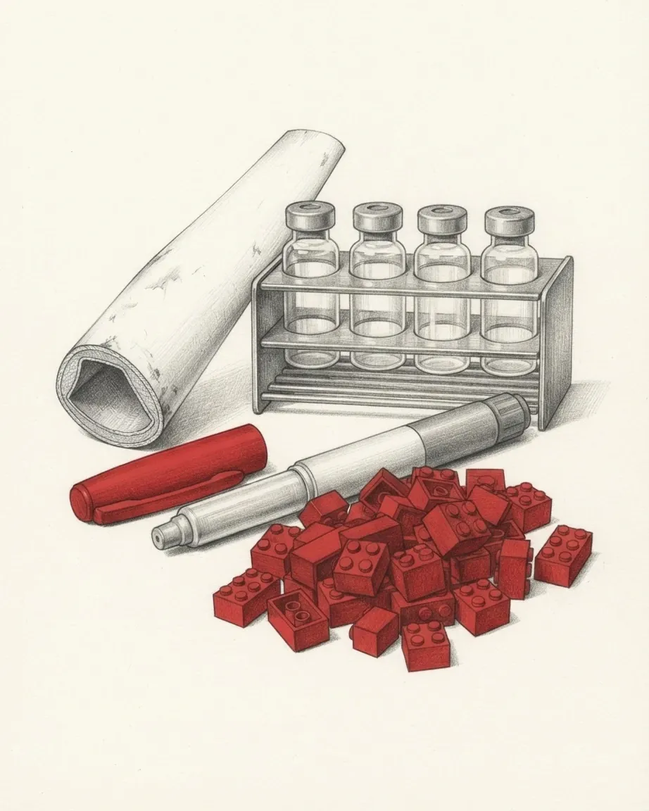 A graphite still life: a rack of small glass vials, a curved section of a white wind turbine blade, an injection pen with its red cap beside it, and a heap of red interlocking toy bricks in front.