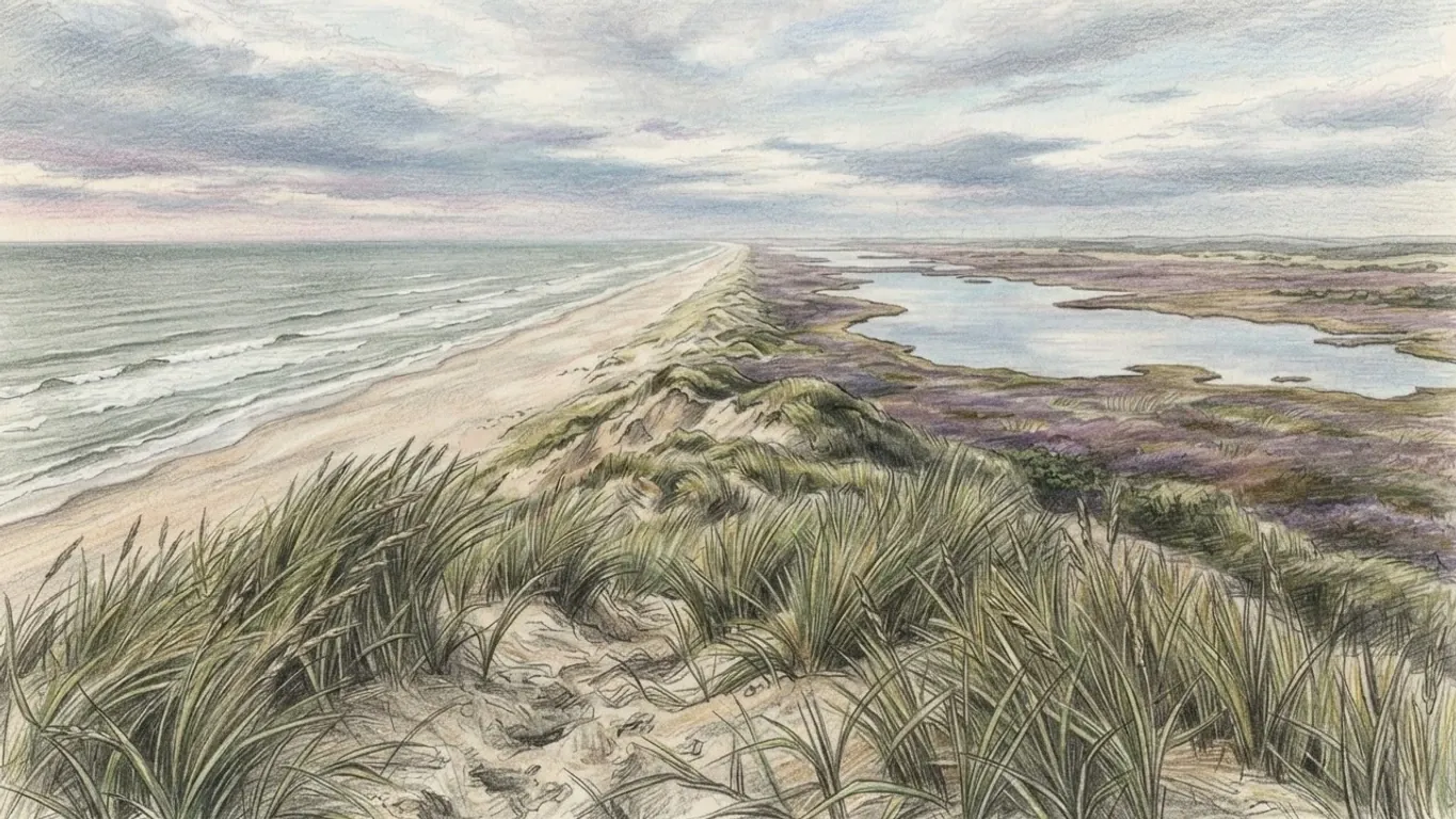 A coloured pencil drawing of a dune ridge covered in marram grass running beside a long North Sea beach, with heath and a shallow lake on the landward side.