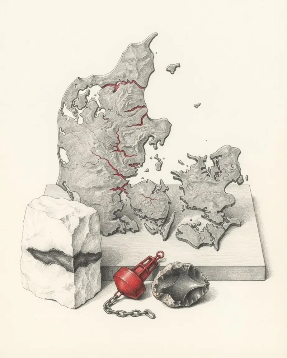 A graphite still life: a relief model of Denmark standing on a board, Jutland and the islands with their fjords traced in red, beside a block of chalk banded with flint, a red buoy on a chain and a knapped flint.