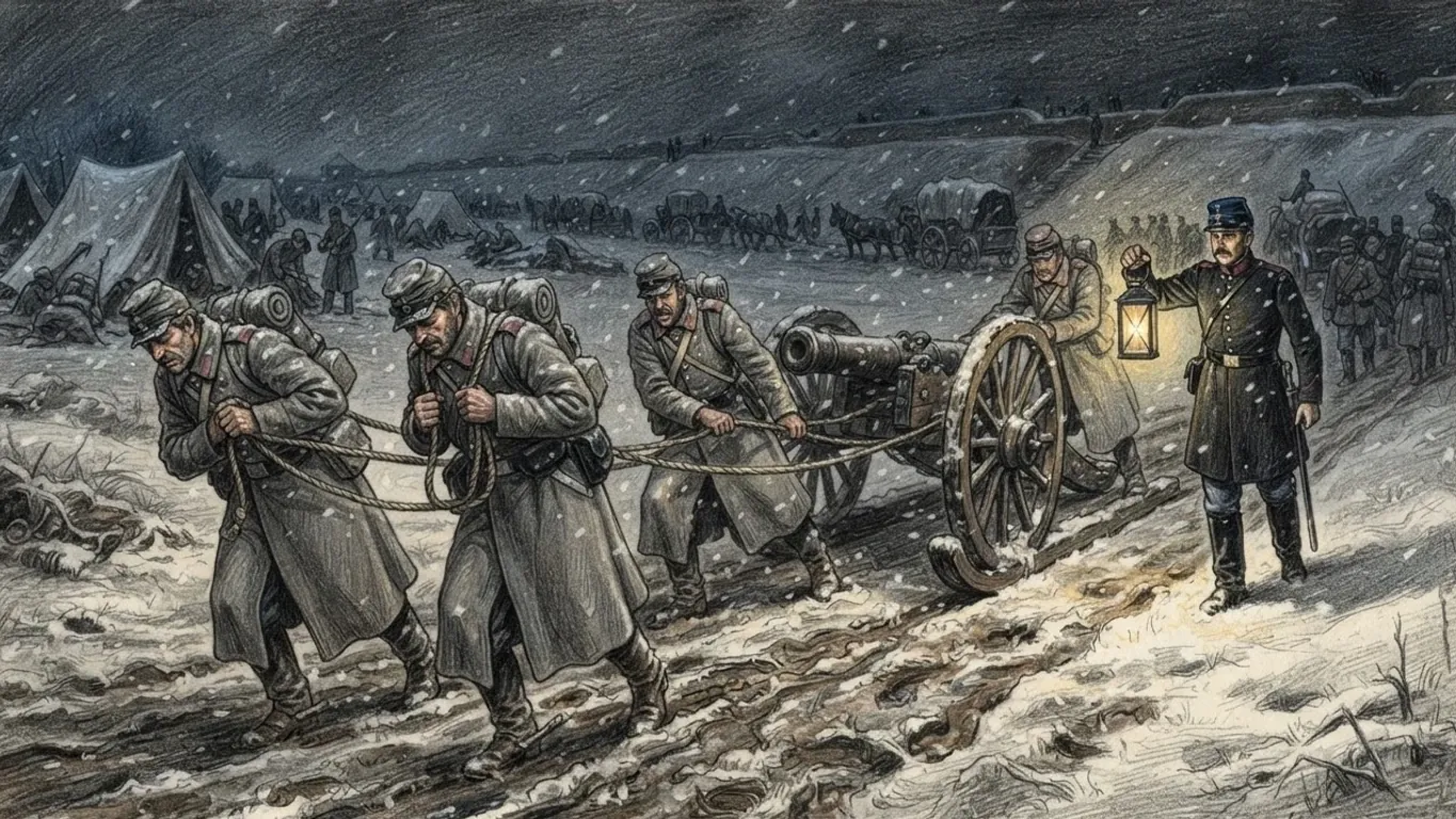 A coloured pencil drawing of soldiers in greatcoats hauling a field gun on ropes across muddy snow at night, an officer holding up a lantern beside them and tents and wagons behind.