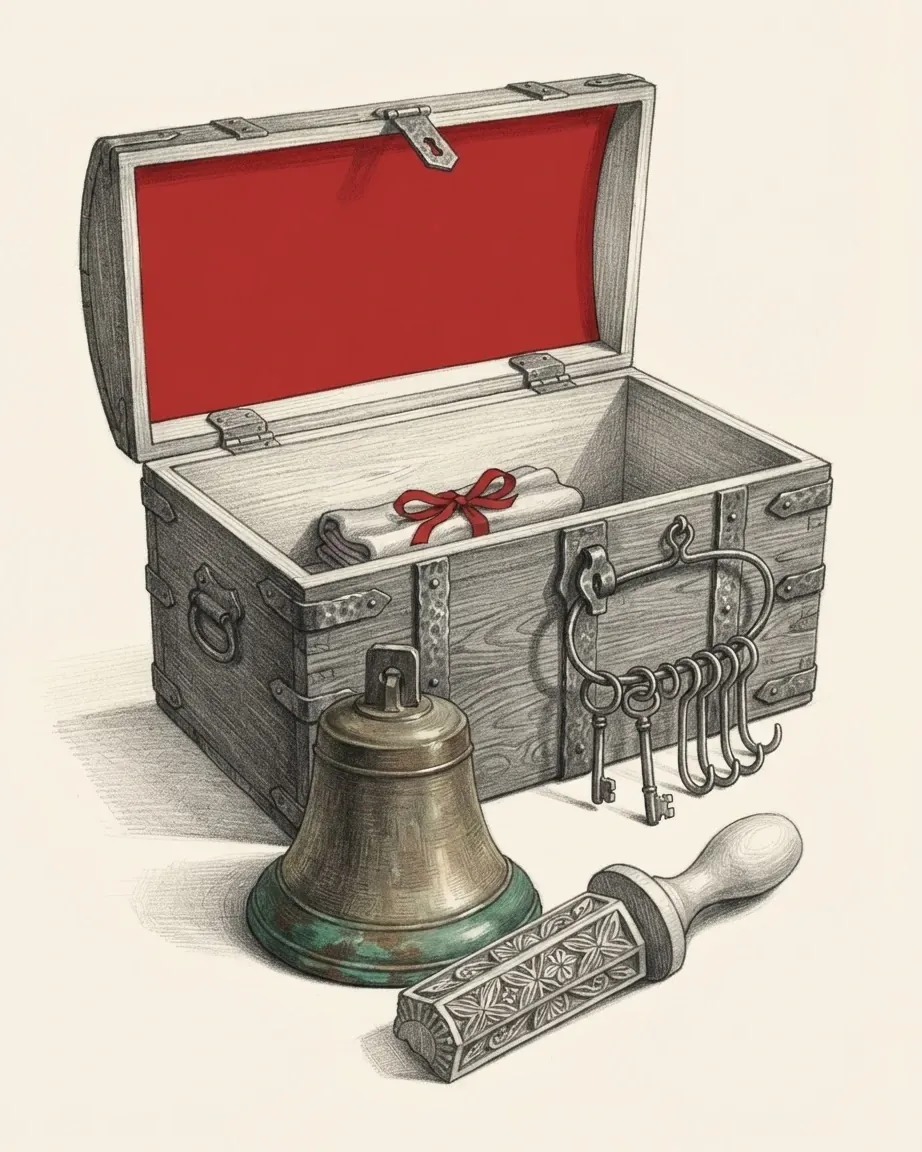 A graphite still life: an iron-bound wooden chest lined in red with a rolled document tied in red ribbon inside, a ring of iron keys on its front, a bronze bell and a carved wooden stamp in front of it.