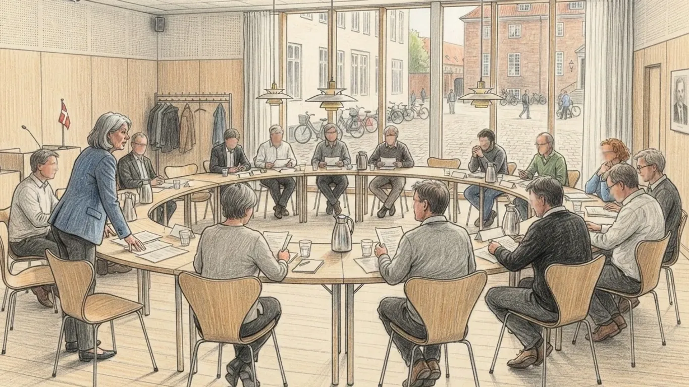A coloured pencil drawing of a council meeting in a light timber room, members seated around a ring of tables with papers and coffee jugs, one woman standing to speak, bicycles parked on the cobbled square outside the tall windows.