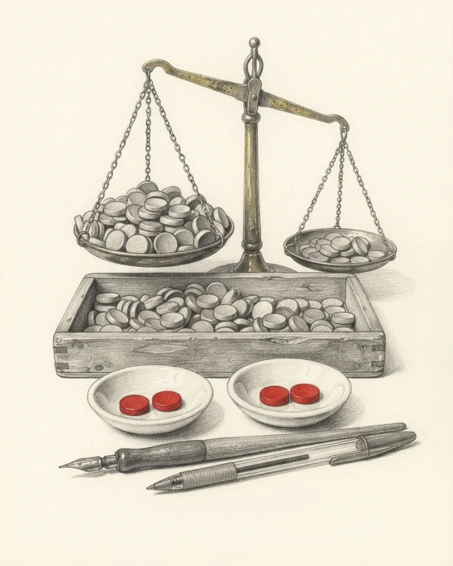 A graphite still life: a brass balance scale with counters heaped in both pans, a wooden tray of more counters, two white dishes each holding two red counters, and a dip pen beside a ballpoint pen.