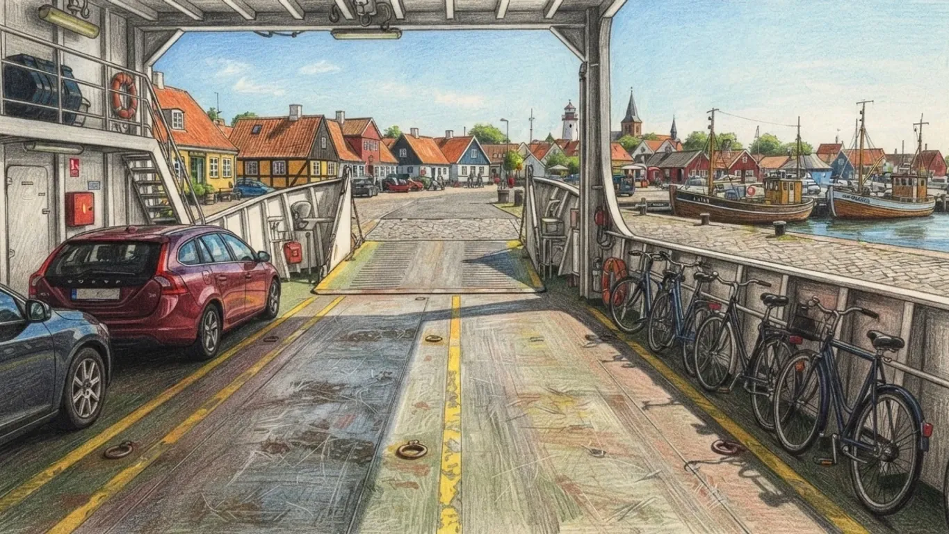 A coloured pencil drawing looking along the car deck of a ferry towards its open bow ramp, parked cars on one side and bicycles on the other, and a harbour town of coloured half-timbered houses and fishing boats ahead.