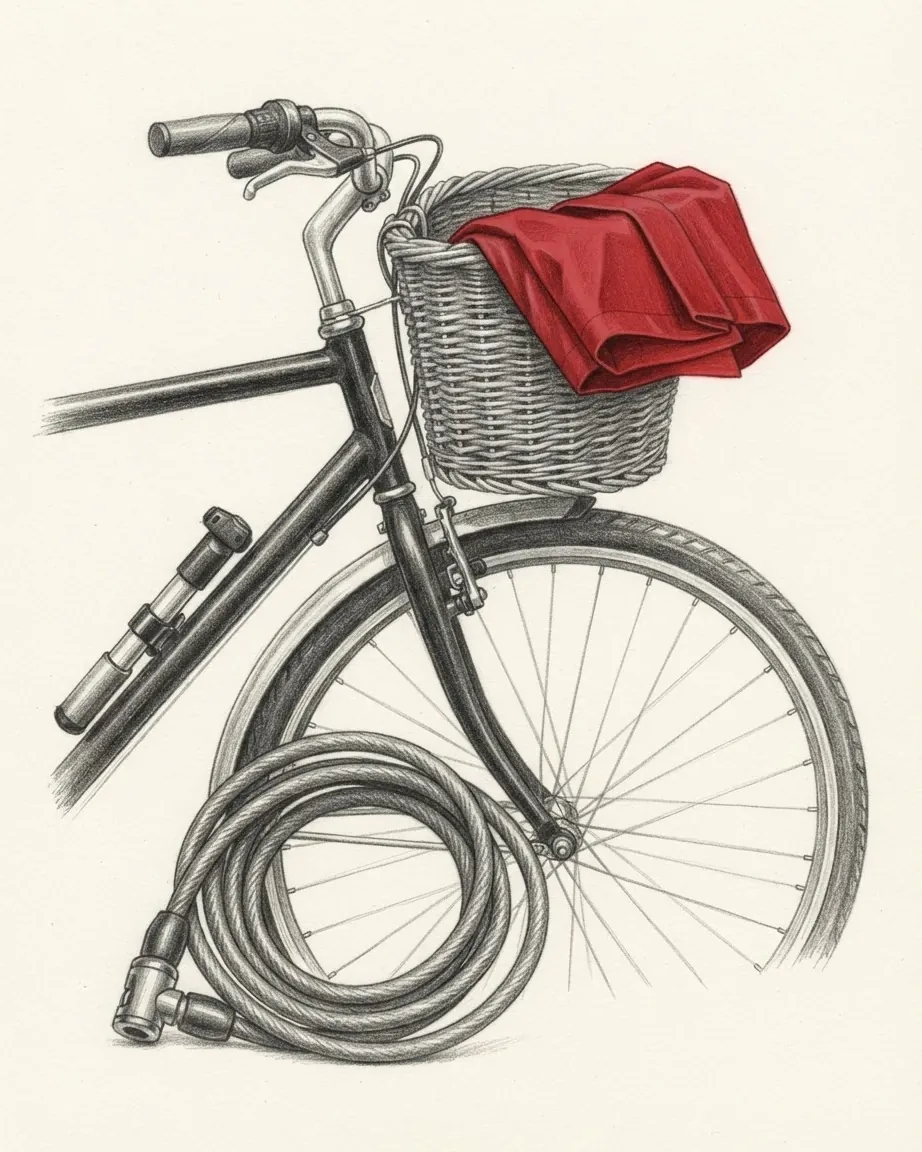 A graphite still life: the front half of a black upright bicycle with a wicker basket holding a folded red rain cape, a pump clipped to the frame and a coiled cable lock lying against the wheel.