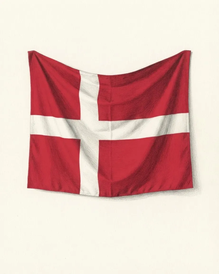 The flag of Denmark drawn as a hanging cloth in graphite and coloured pencil, a white Nordic cross on red.