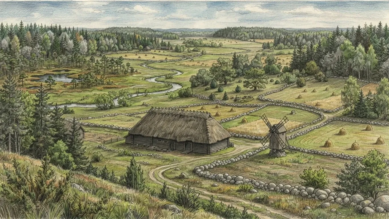 A coloured pencil drawing of a farmstead in Estonia: a low log barn-dwelling with a thatched roof and a wooden post windmill among small fields bounded by fieldstone walls, haycocks in the meadows, a river winding through wetland to spruce and birch forest behind.