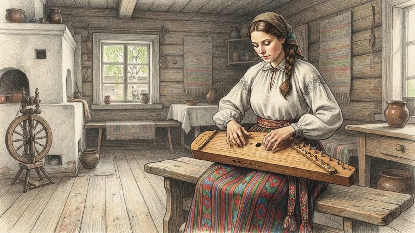 A coloured pencil drawing of a young woman in a white linen blouse, headscarf and striped woven skirt playing a kannel on her knees in a log farmhouse room with a whitewashed stove and a spinning wheel.