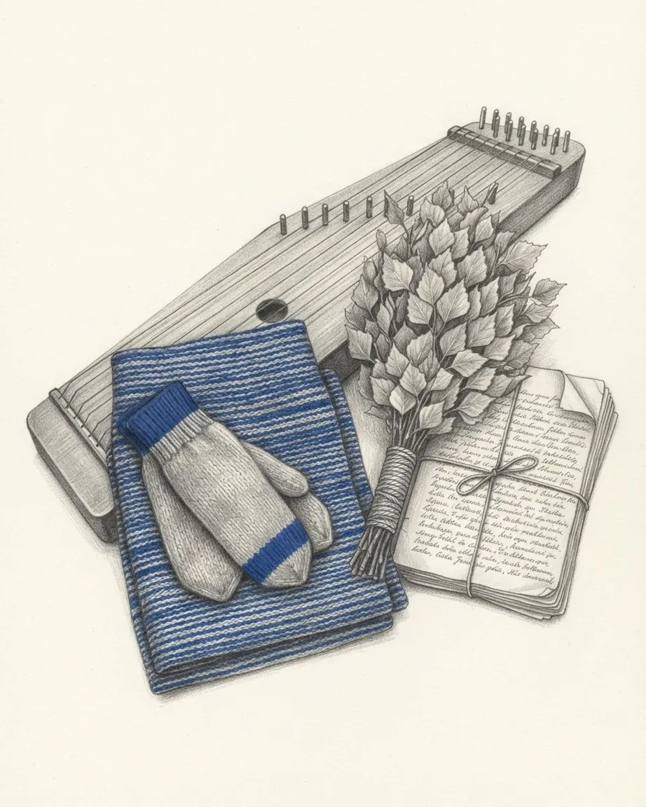 A graphite still life: a kannel with a folded blue-striped knitted scarf and a pair of mittens on it, a bundle of birch sauna whisks and a string-tied stack of handwritten letters beside them.