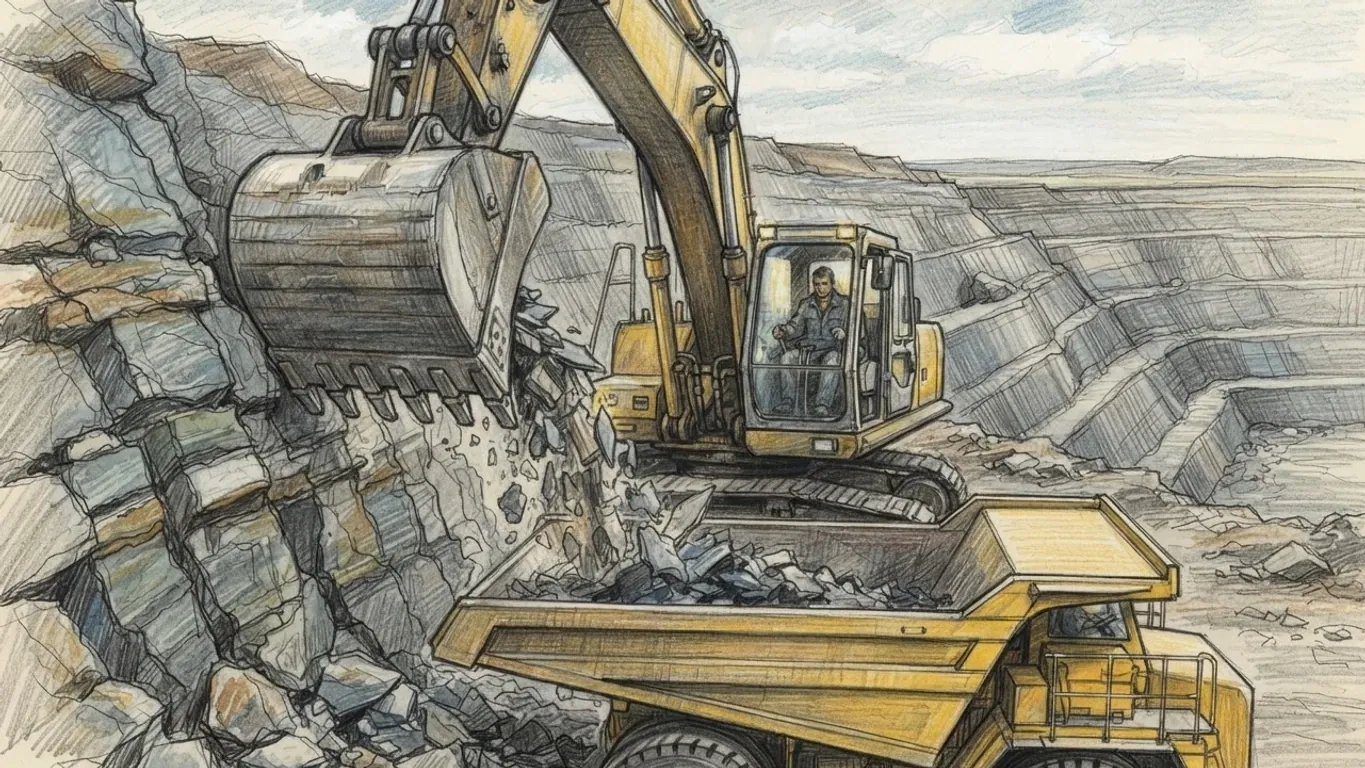 A coloured pencil drawing of an opencast oil shale pit, a yellow excavator with its operator in the cab tearing grey layered rock from the face and dropping it into a yellow dump truck, terraced grey benches running away under a pale sky.