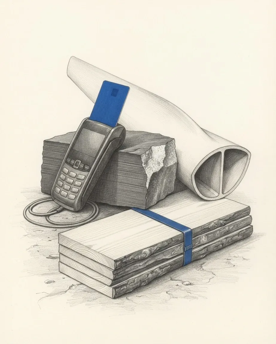 A graphite still life: a card payment terminal holding a blue card, a block of layered stone, the hollow root of a wind turbine blade and a stack of timber boards bound with a blue strap.