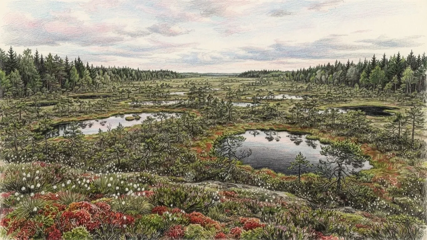 A coloured pencil drawing of a raised bog in Estonia: dark pools among stunted pines, cotton grass and red heather in the foreground, and spruce forest closing the flat horizon.