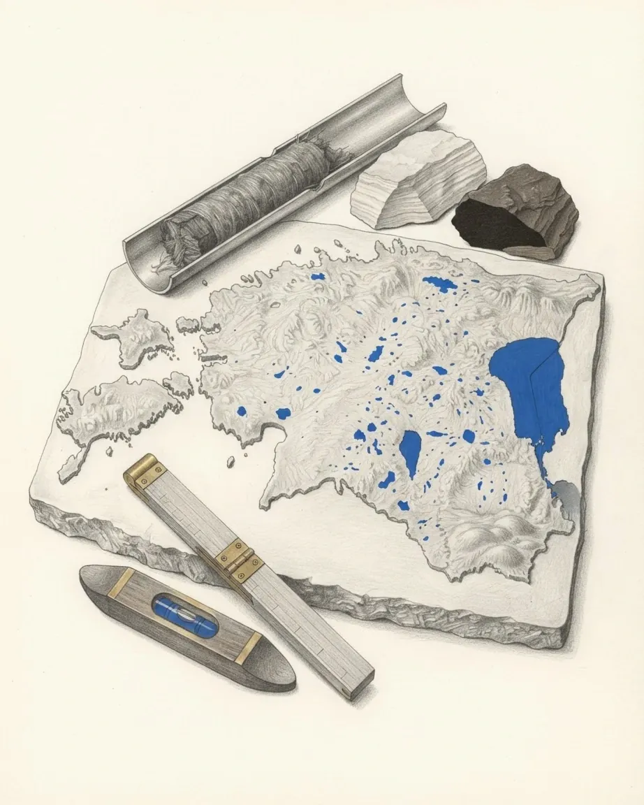 A graphite still life: a relief model of Estonia with its western islands, its many lakes and the large lake on its eastern border picked out in blue, beside a split core tube, two rock samples, a folding rule and a spirit level.