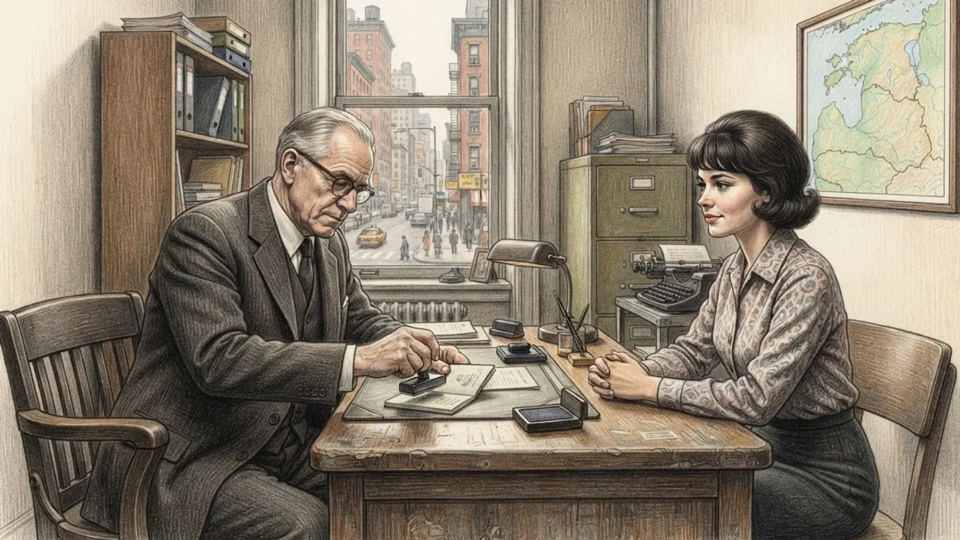 A coloured pencil drawing of a 1960s office where an elderly man in a three-piece suit presses a rubber stamp onto an open passport while a young woman waits across the desk, a filing cabinet, a typewriter and an unlabelled map behind them and a city street through the window.