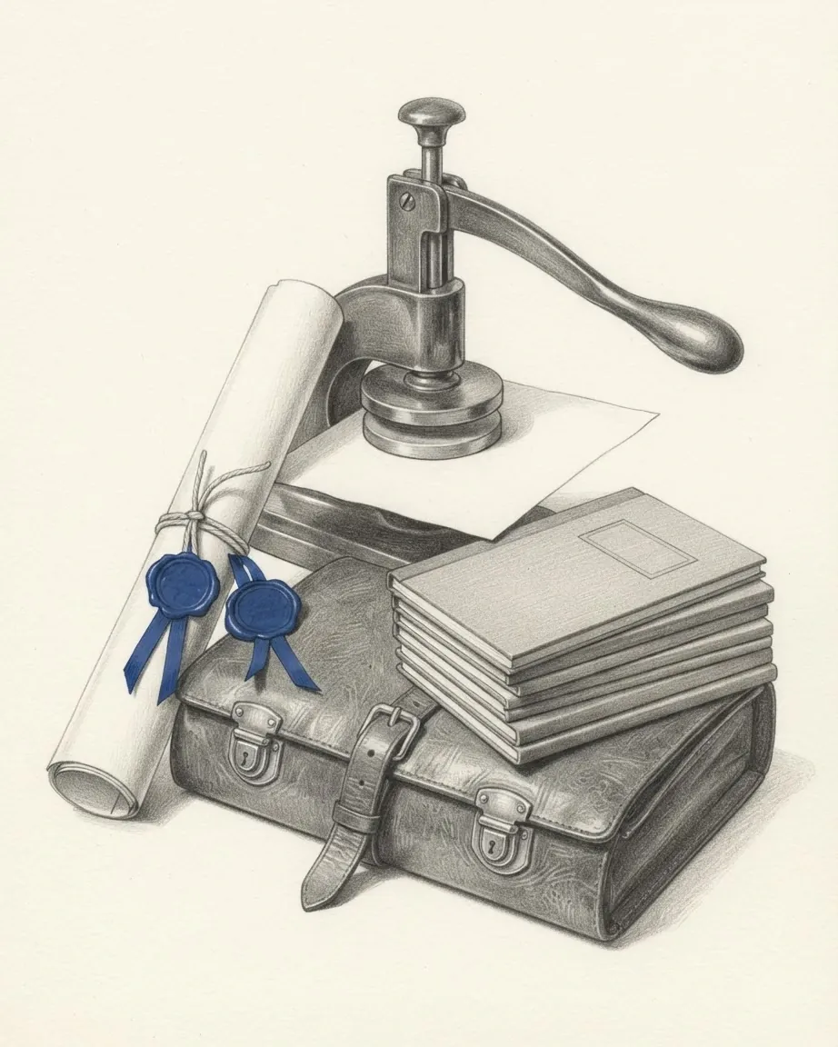 A graphite still life: a rolled document tied with string and hung with two blue wax seals, a lever seal press on a sheet of paper, a stack of bound volumes and a buckled leather satchel.