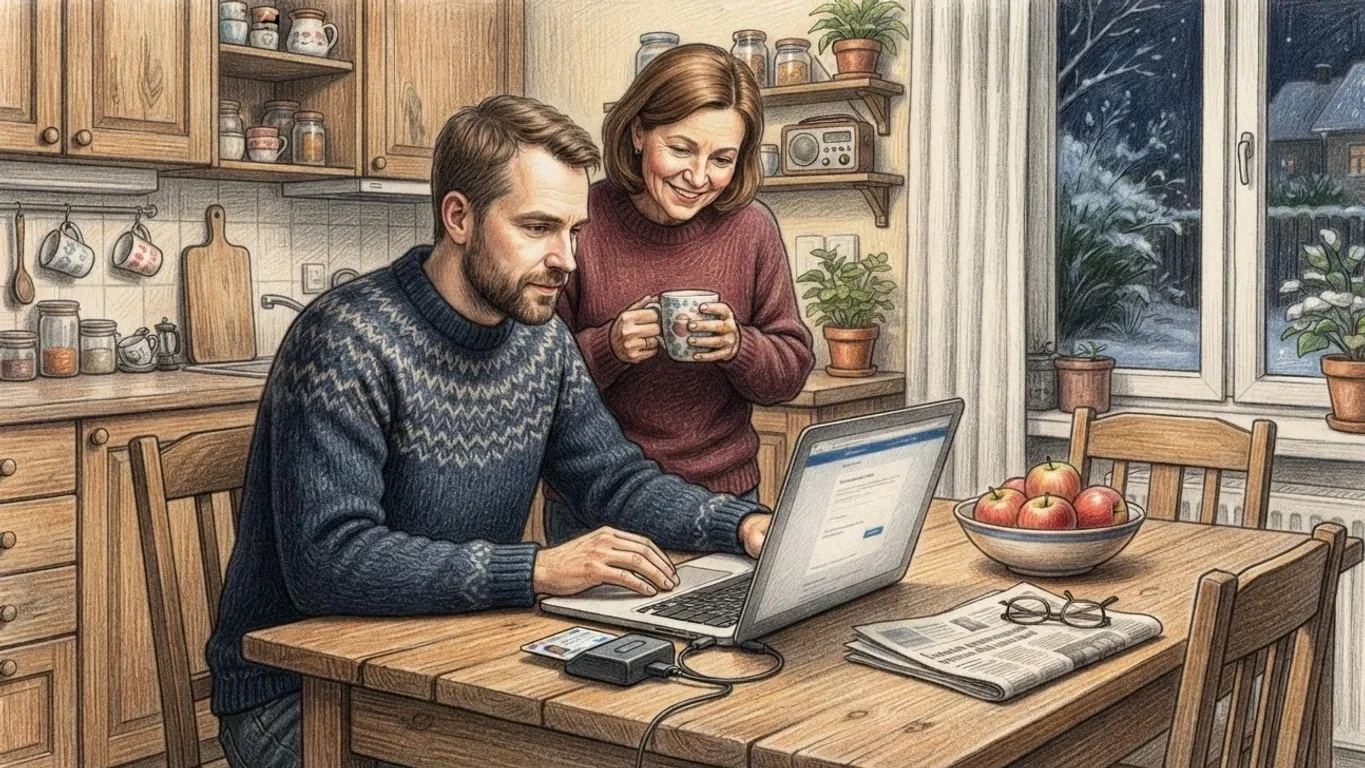 A coloured pencil drawing of a man in a patterned wool sweater at a kitchen table using a laptop with an ID card in a reader beside it, a woman holding a mug looking over his shoulder, and snow falling in the dark garden outside the window.