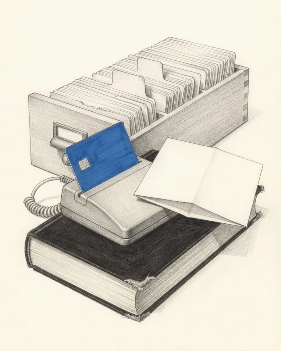 A graphite still life: a drawer of index cards, a card reader holding a blue chip card, an open sheet of folded paper and a thick bound volume beneath them.