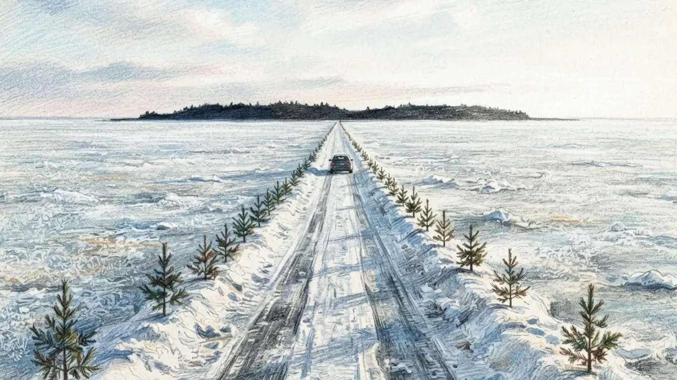 A coloured pencil drawing of an ice road running straight across the frozen sea towards a low wooded island, small spruce trees marking its edges and one car on it.