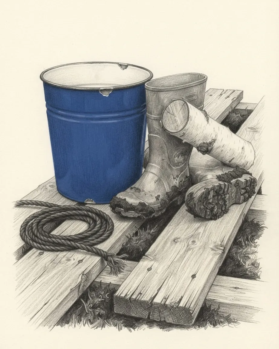 A graphite still life on a boardwalk over bog moss: a chipped blue enamel bucket, a pair of muddy rubber boots, a cut length of birch log and a coil of rope.