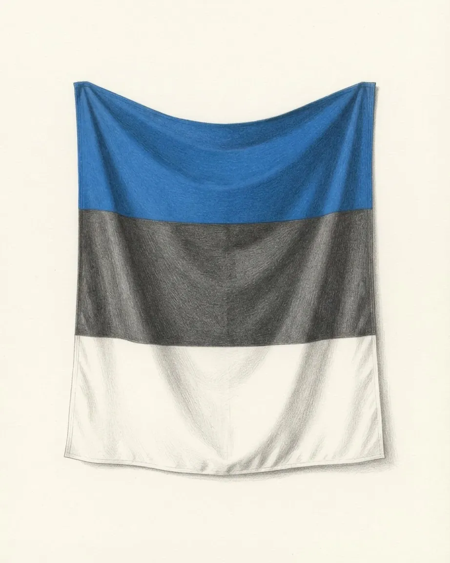 The flag of Estonia drawn as a hanging cloth in graphite and coloured pencil, three horizontal bands of blue, black and white.
