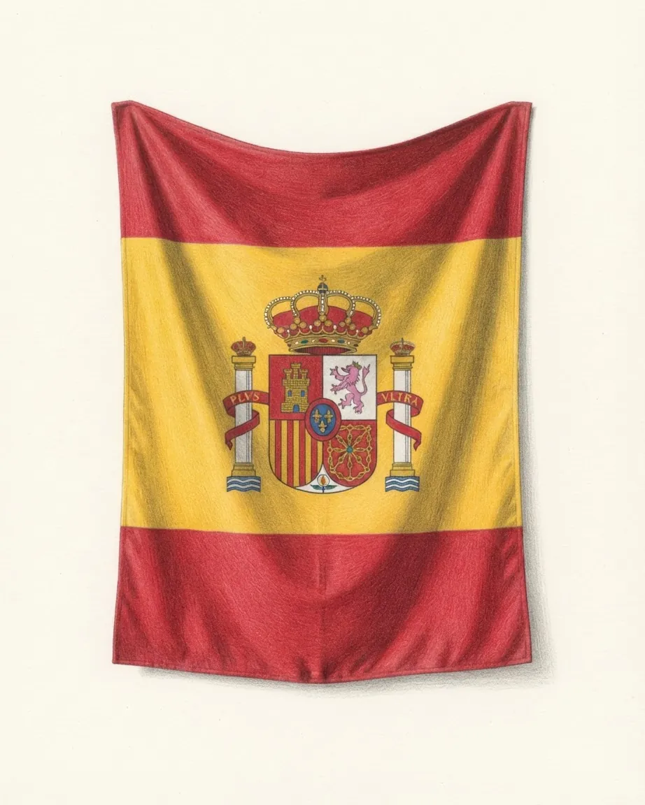 The flag of Spain drawn as a hanging cloth in graphite and coloured pencil, its red and yellow bands and the coat of arms on the yellow falling in soft folds.