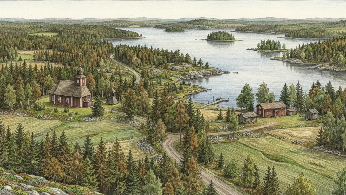 A coloured pencil drawing of a Finnish lake landscape: a red timber church with a separate bell tower and a red farmhouse with outbuildings among small fields bounded by stone heaps, a gravel road winding through spruce and birch forest to a lake scattered with wooded islands.