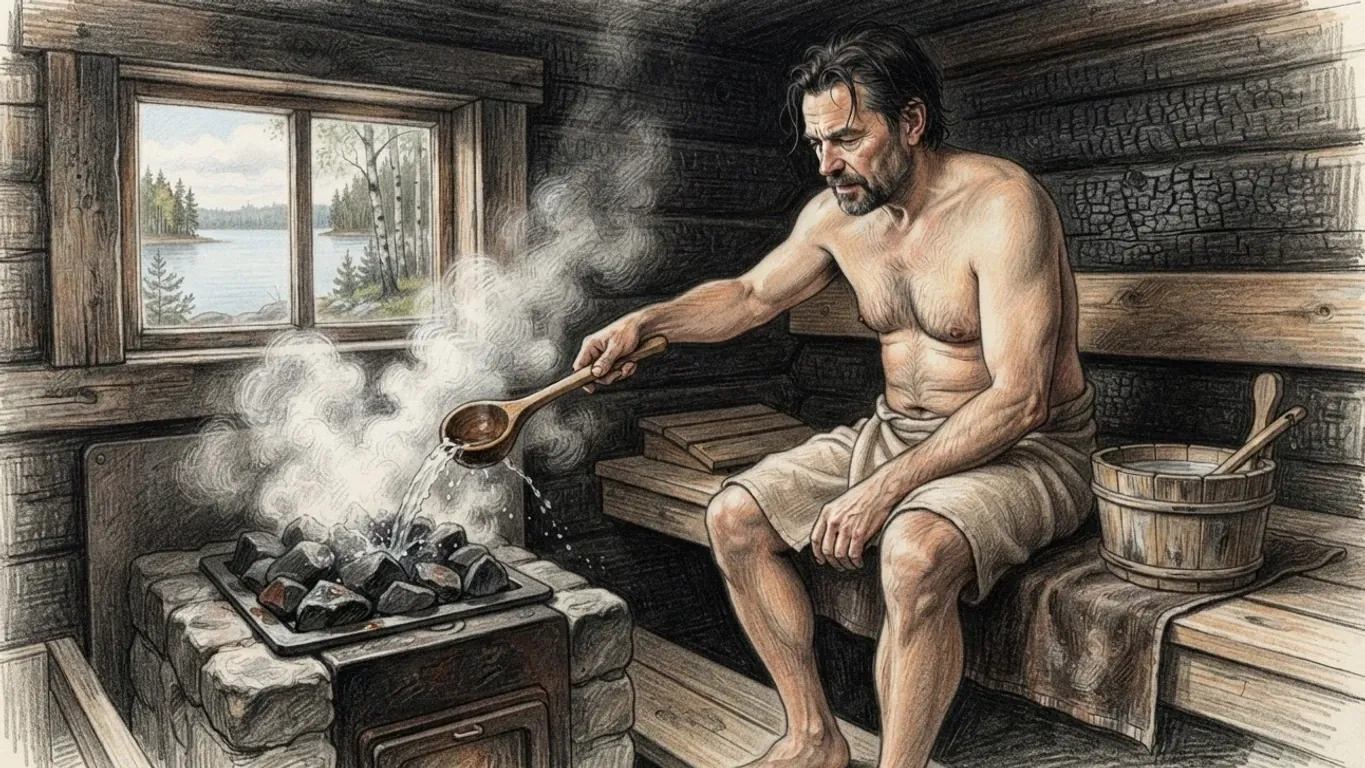 A coloured pencil drawing of a man in a towel in a smoke-blackened log sauna, throwing water from a wooden ladle onto the hot stones of the stove, a wooden bucket on the bench and a lake with birches through the window.