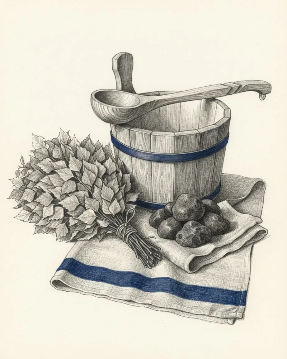 A graphite still life: a wooden sauna bucket bound with blue hoops and a long-handled wooden ladle across it, a bundle of birch twigs tied at the stem, a heap of dark sauna stones, and a linen towel with a blue stripe.